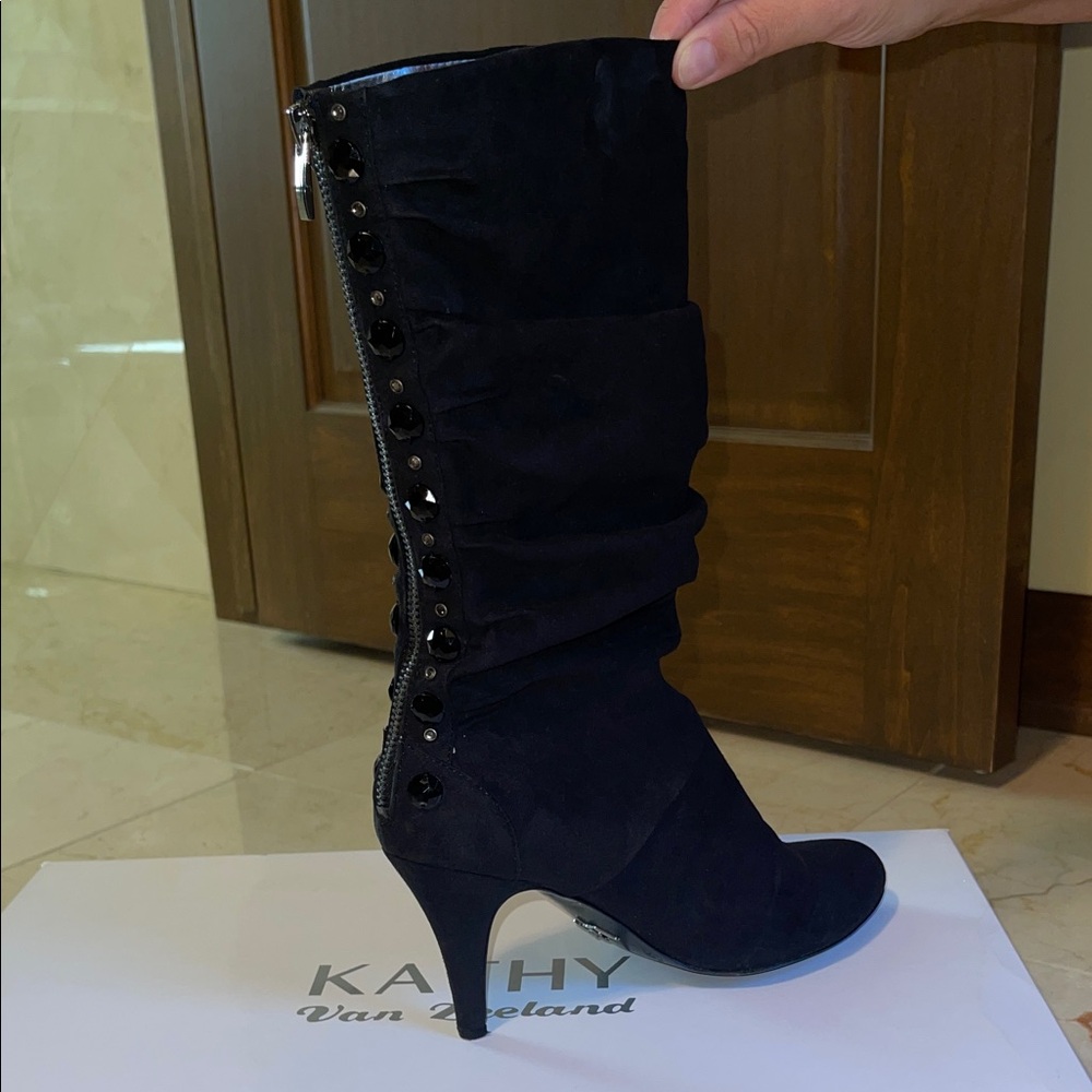 Kathy Van Zeeland Black Heeled Boots with Button Detail